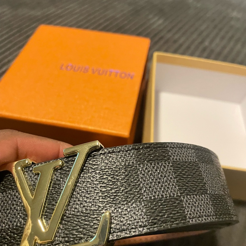 Louis Vuitton Checkered Black Belt with Gold Buckle